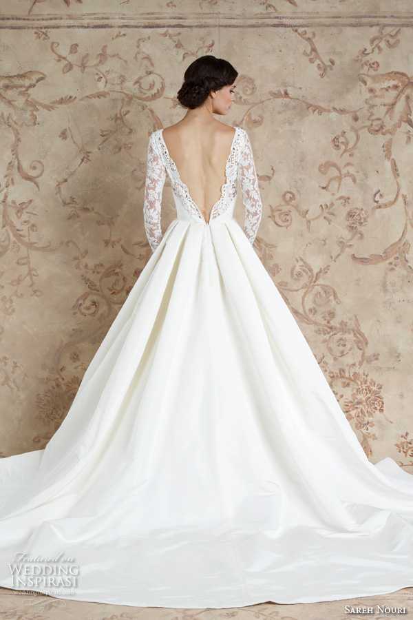 sareh nouri fall 2016 bridal sexy beautiful a  line wedding ball gown dress long sleeves lace deep plunging v neckline style laylee back view 