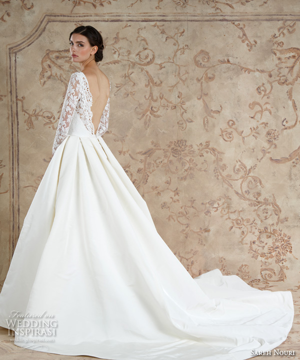 sareh nouri fall 2016 bridal sexy beautiful a  line wedding ball gown dress long sleeves lace deep plunging v neckline style laylee back view