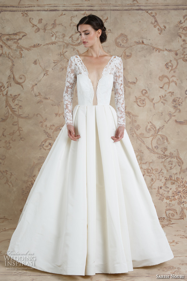 sareh nouri fall 2016 bridal sexy beautiful a  line wedding ball gown dress long sleeves lace deep plunging v neckline style laylee