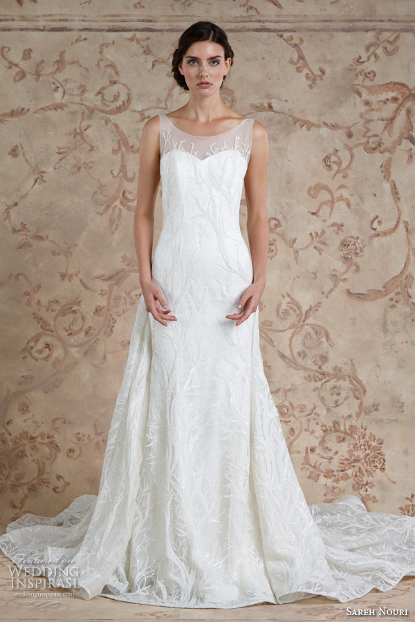 sareh nouri fall 2016 bridal sleeveless illusion neckline sheath wedding dress with chapel train style shiraz sareh nouri fall 2016 bridal sleeveless illusion neckline sheath wedding dress with chapel train style shiraz