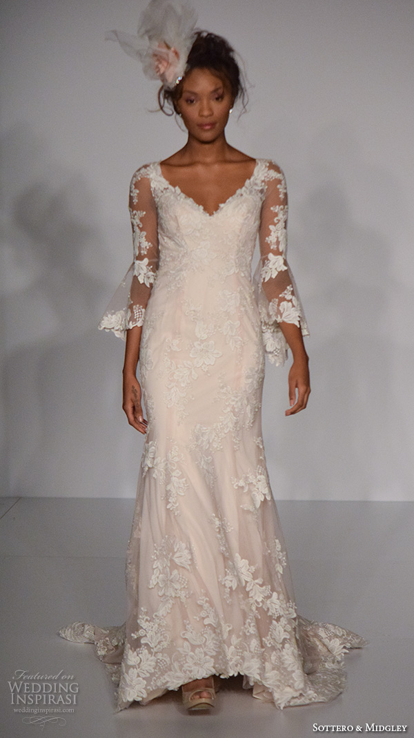 sottero and midgley new york bridal week fall 2016 beautful sheath wedding dress 3 4 quarter sleeves lace embroidery