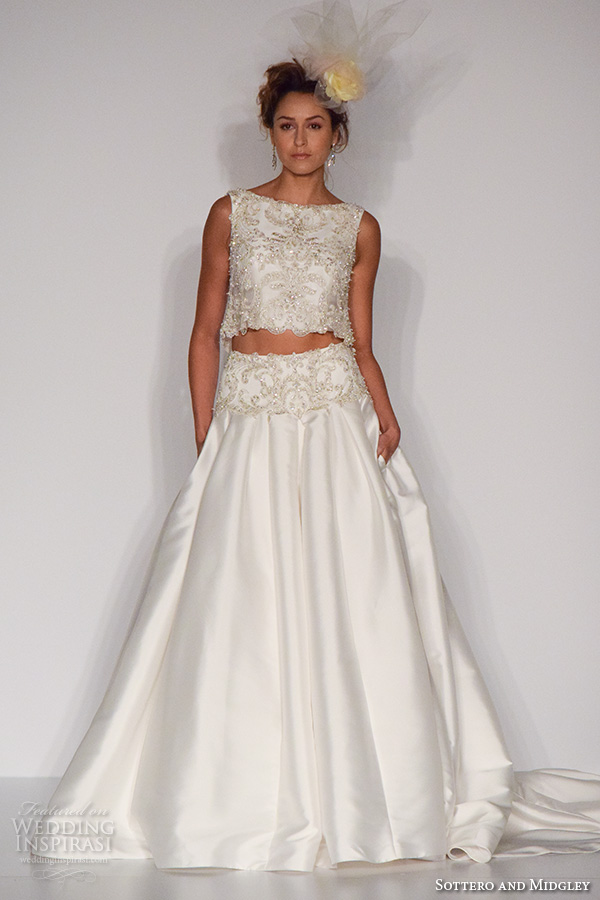 sottero and midgley new york bridal week fall 2016 beautiful crop top beaded embroidery a  line wedding dress satin bateau neckline