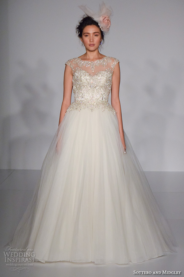 sottero and midgley new york bridal week fall 2016 pretty beaded crystal bodice a  line wedding dress cap sleeves tulle skirt