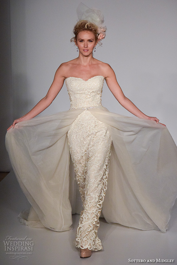 sottero and midgley new york bridal week fall 2016 sophiscated sheath wedding dress filigree embroidery tulle overskirt strapless