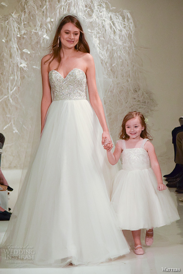 watters new york bridal fashion week 2015 beautiful a  line wedding dress strapless sweetheart neckline cute flower girl dress