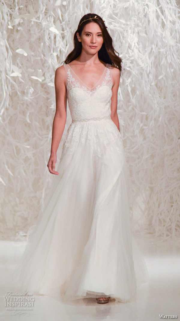 watters new york bridal fashion week 2015 beautiful a  line wedding dress v neckline illusion lace straps flora bodice embroidery