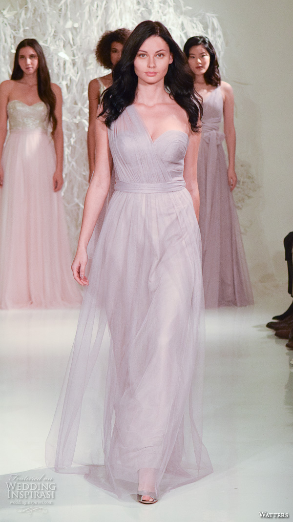 watters new york bridal fashion week 2015 pretty one shoulder purple bridesmaid sheath gown