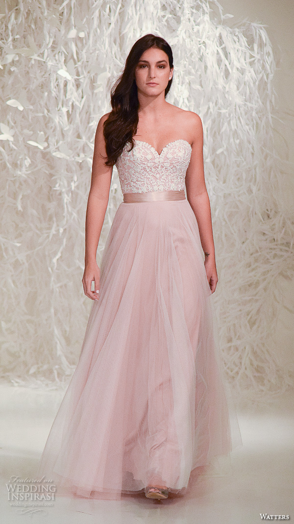 watters new york bridal fashion week 2015 romantic pretty blush color modified a  line wedding dress strapless sweethart neckline embroidered bodice