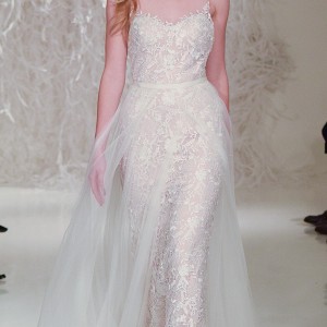 watters new york bridal fashion week 2015 romantic pretty sheath wedding dress strapless floral embroidery tulle overskirt