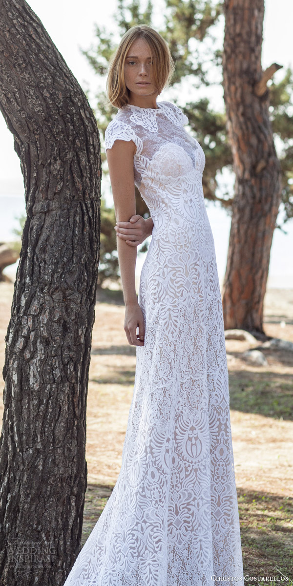 christos costarellos bridal spring 2016 cap sleeve bohemian chic wedding dress multi lace high neck