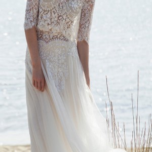 christos costarellos bridal spring 2016 gorgeous bohemian chic lace two piece wedding dress half sleeve high neck top soft skirt