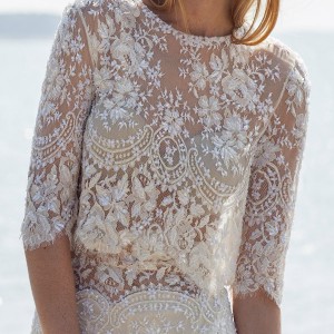 christos costarellos bridal spring 2016 gorgeous bohemian chic lace two piece wedding dress half sleeve high neck top soft skirt illusion bodice close up