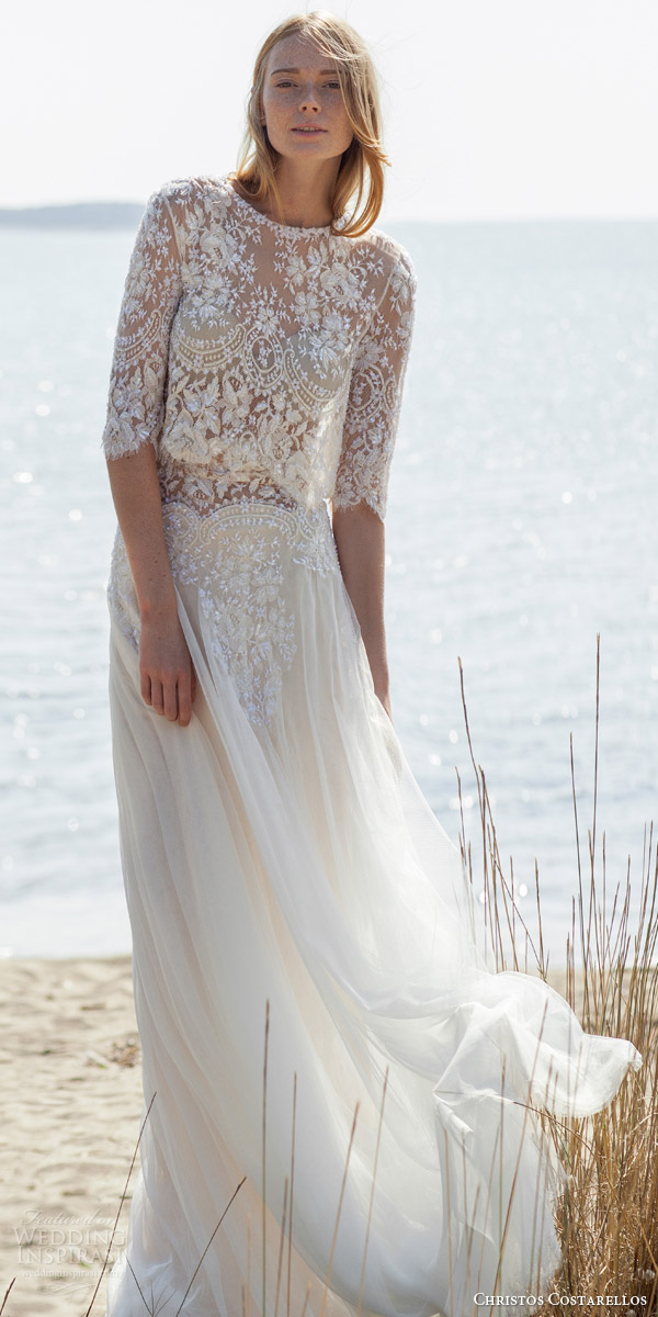 christos costarellos bridal spring 2016 gorgeous bohemian chic lace two piece wedding dress half sleeve high neck top soft skirt