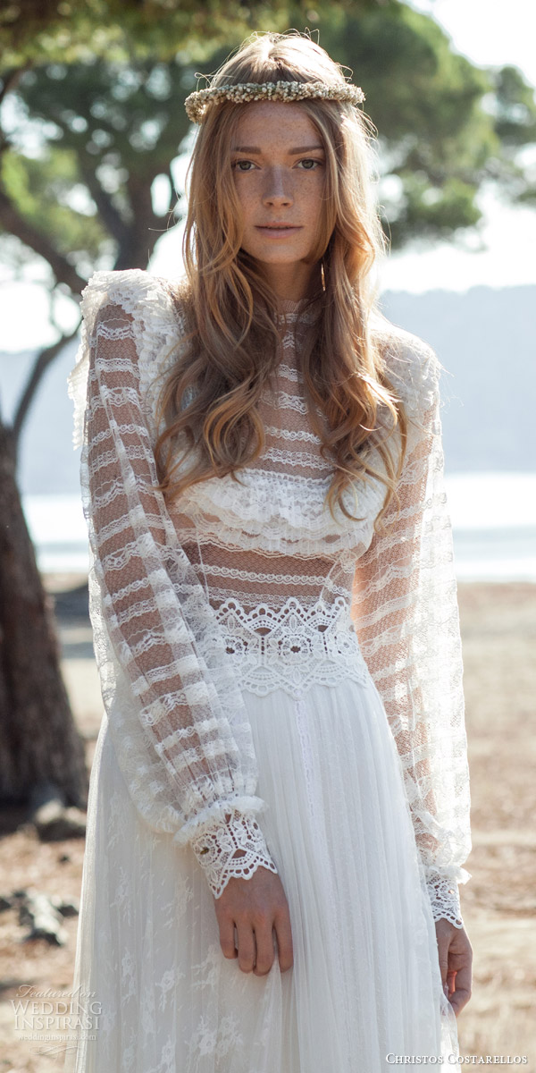 christos costarellos bridal spring 2016 romantic bohemiad lace wedding dress long sleeves sheer bodice