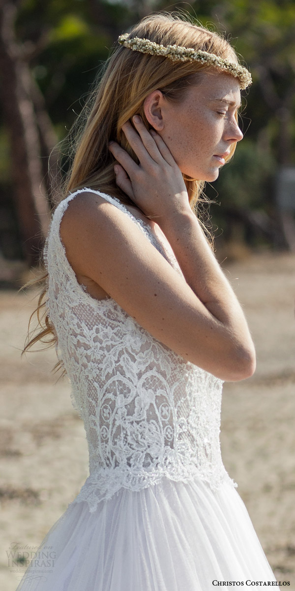 christos costarellos bridal spring 2016 romantic bohemian chic wedding dress sleevess ball gown bodice close up side