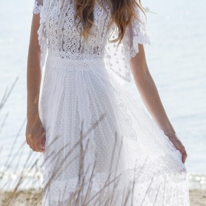 christos costarellos bridal spring 2016 romantic bohemian lace wedding dress flutter sleeves guipure dotted net