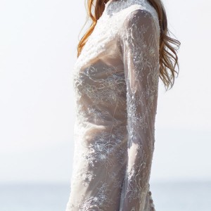 christos costarellos bridal spring 2016 romantic bohemian lace wedding dress sheer skirt bodice close up