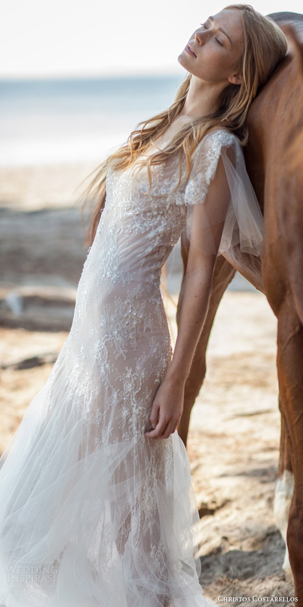 christos costarellos bridal spring 2016 romantic bohemian wedding dress pretty illusion flutter sleeves