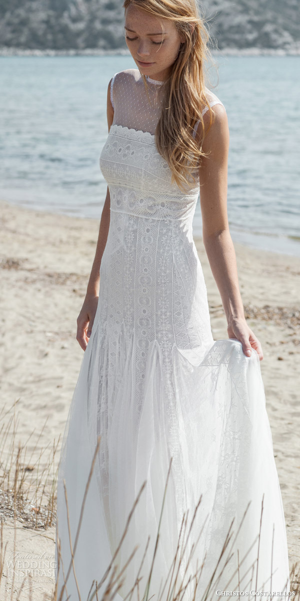 christos costarellos bridal spring 2016 sleeveless bohemian lace wedding dress illusion neckline destination