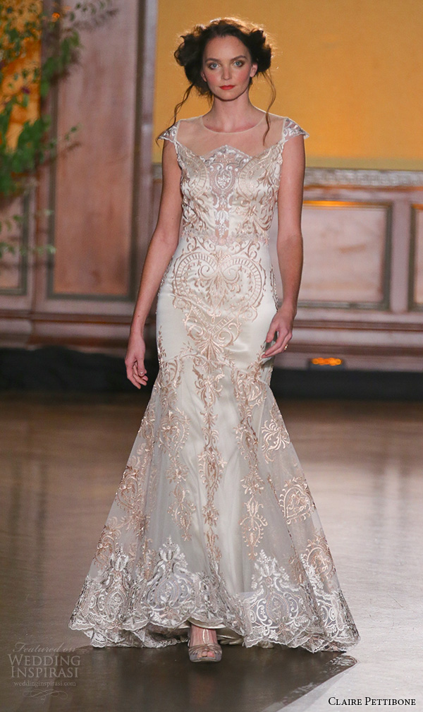 claire pettibone fall 2016 bridal new york runway cap sleeves mermaid rose gold wedding dress illusion jewel neckline vanderbilt