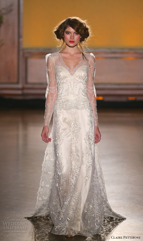 claire pettibone fall 2016 bridal new york runway long sleeves v neckline lace embroidery sheath wedding dress with train sinclair