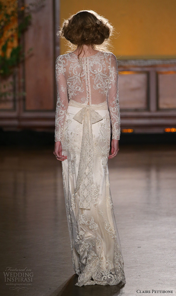 claire pettibone fall 2016 bridal new york runway sheer long sleeves lace embroidered overlay sheath rose gold wedding dress pearl back full