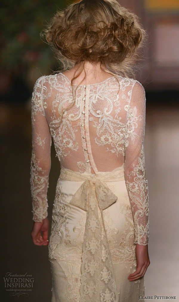 claire pettibone fall 2016 bridal new york runway sheer long sleeves lace embroidered overlay sheath rose gold wedding dress pearle back