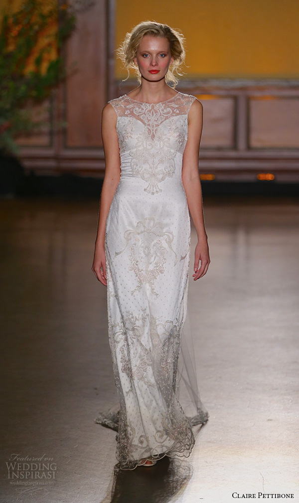 claire pettibone fall 2016 bridal new york runway sleeveless jewel neckline lace embroidered sheath wedding dress eva