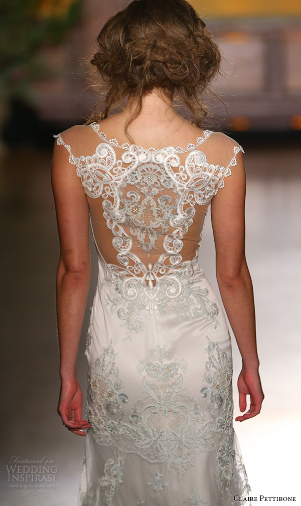 claire pettibone fall 2016 bridal new york runway thick lace straps sweetheart neckline vintage style sheath wedding dress aquamarine cameo insert back
