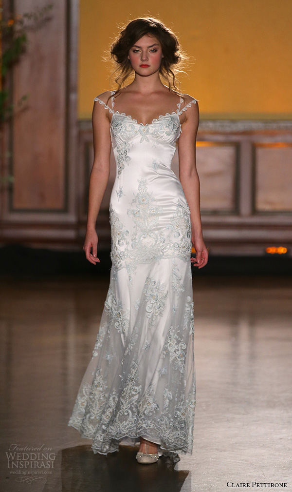 claire pettibone fall 2016 bridal new york runway thick lace straps sweetheart neckline vintage style sheath wedding dress aquamarine cameo