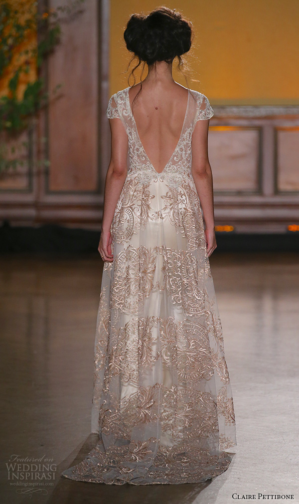 claire pettibone fall 2016 bridal new york runway v neckline cap sleeves bronze color embroidery overlay flowy dress over sheath gown la belle back