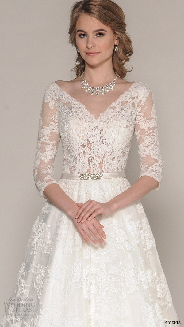 eugenia couture fall 2016 bridal 3 quarter sleeves v neckline lace embroider bodice a  line full skirt wedding dress style katherine 