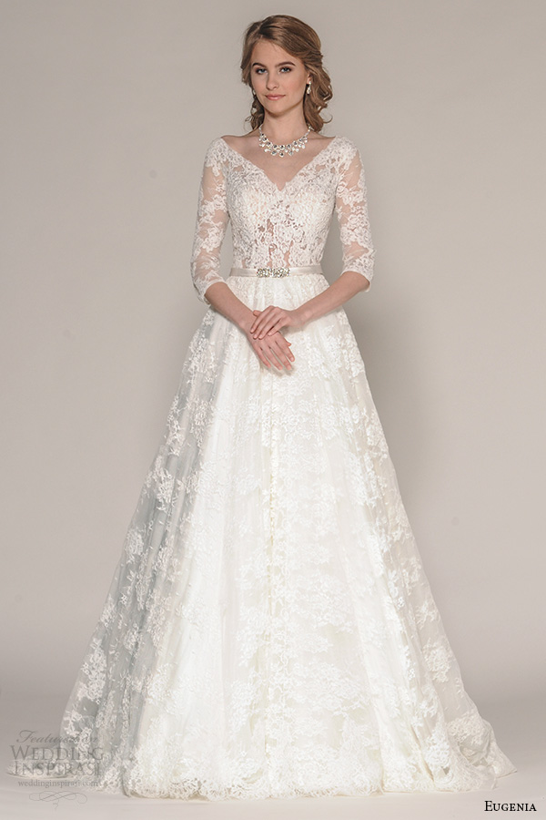 eugenia couture fall 2016 bridal 3 quarter sleeves v neckline lace embroider bodice a  line full skirt wedding dress style katherine
