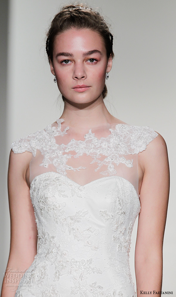 kelly faetanini fall 2016 bridal new york runway lace applique neckline cap sleeves sweethear cut foundation beaded embroidered mermaid wedding dress style polly 