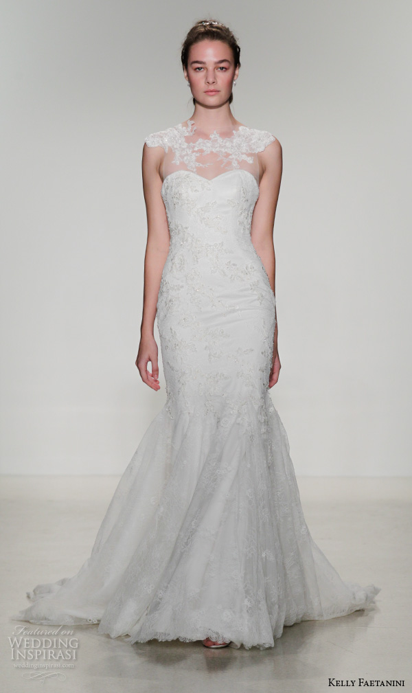 kelly faetanini fall 2016 bridal new york runway lace applique neckline cap sleeves sweethear cut foundation beaded embroidered mermaid wedding dress style polly