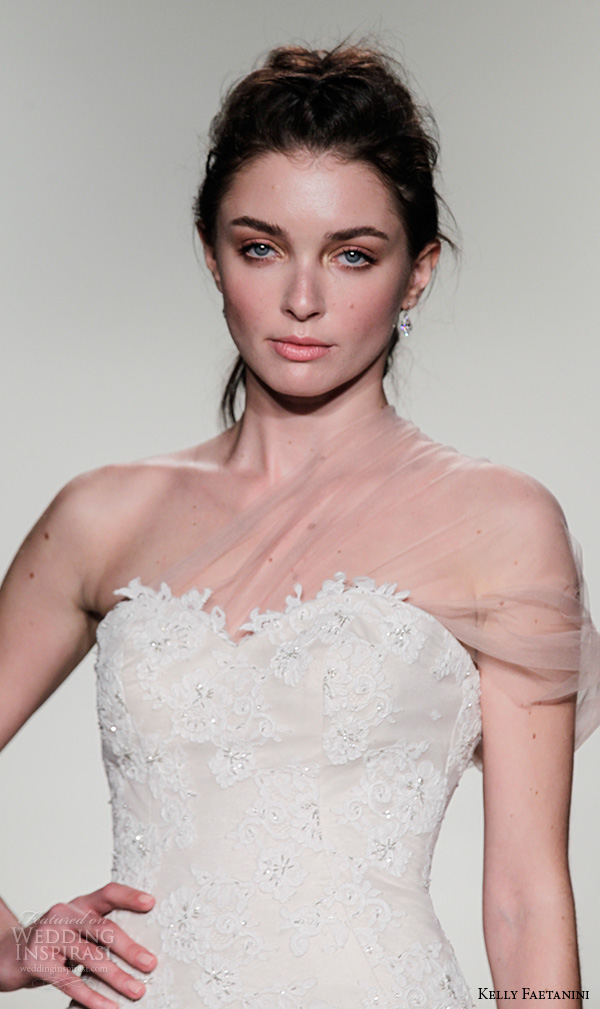 kelly faetanini fall 2016 bridal new york runway one shoulder tulle strap sweetheart neckline beaded crystal applique tulle skirt mermaid wedding dress style helen 