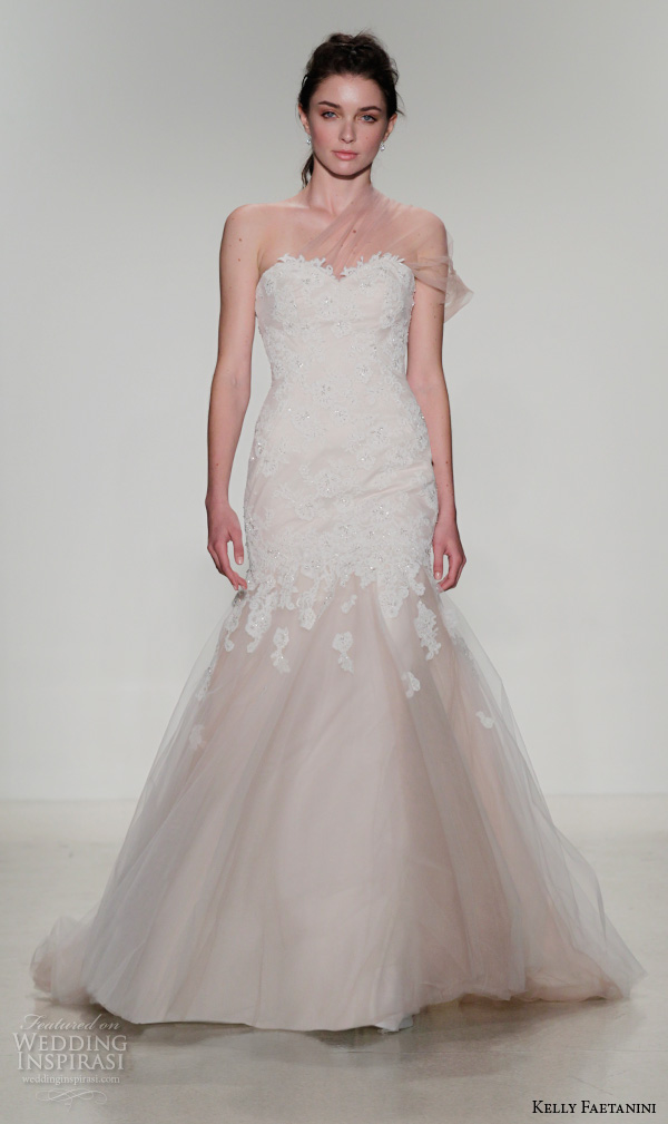 kelly faetanini fall 2016 bridal new york runway one shoulder tulle strap sweetheart neckline beaded crystal applique tulle skirt mermaid wedding dress style helen