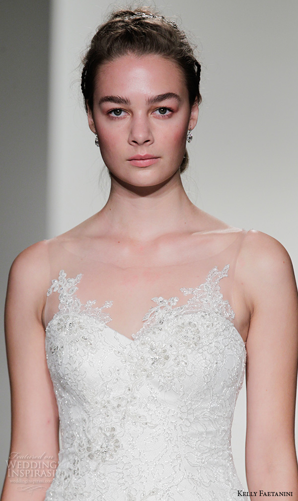 kelly faetanini fall 2016 bridal new york runway sleeveless sweetheart neckine illusion strap lace beaded applique sheath wedding dress style tash 