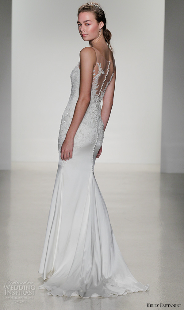 kelly faetanini fall 2016 bridal new york runway sleeveless sweetheart neckine illusion strap lace beaded applique sheath wedding dress style tash  