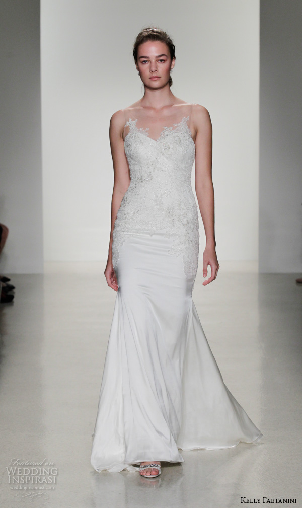 kelly faetanini fall 2016 bridal new york runway sleeveless sweetheart neckine illusion strap lace beaded applique sheath wedding dress style tash