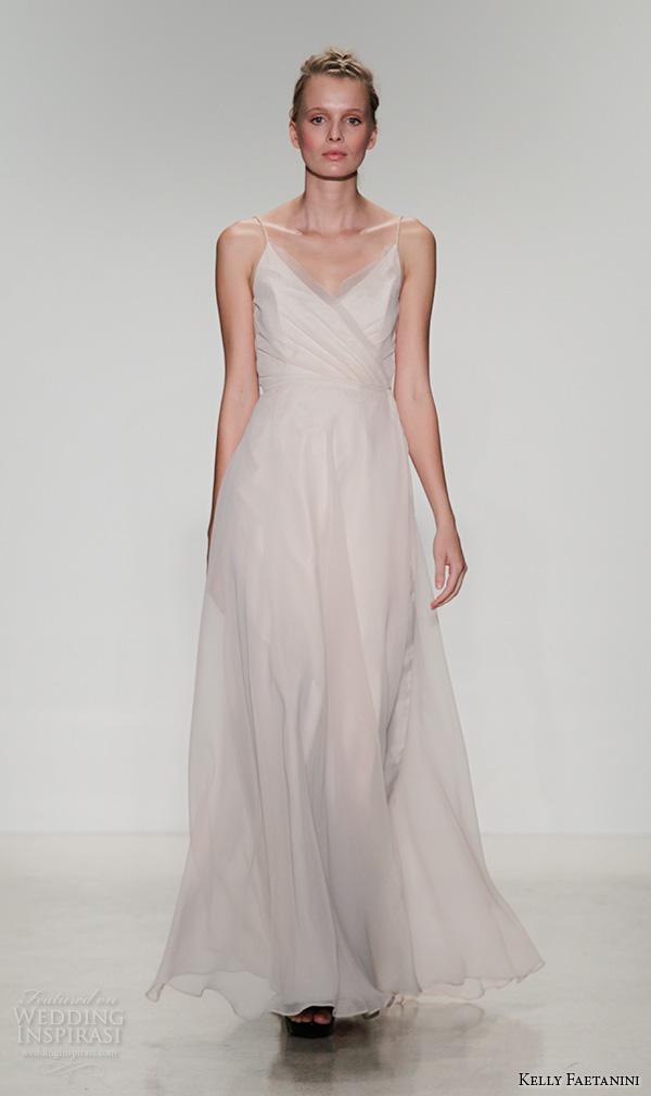 kelly faetanini fall 2016 bridal new york runway spagetti strap v neck a line wedding dress flowy chiffon gown