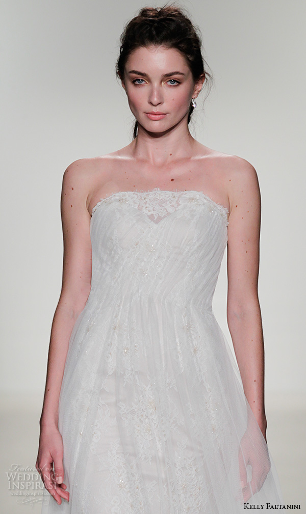 kelly faetanini fall 2016 bridal new york runway strapless lace straight across neckline beaded lace pleated tulle overlay a  line wedding dress style alberta 
