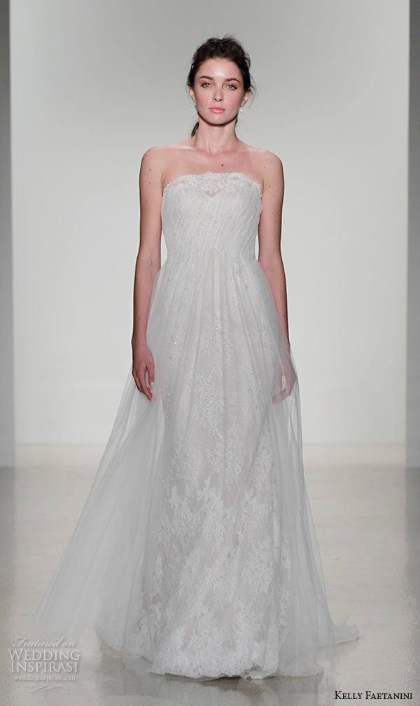 kelly faetanini fall 2016 bridal new york runway strapless lace straight across neckline beaded lace pleated tulle overlay a  line wedding dress style alberta