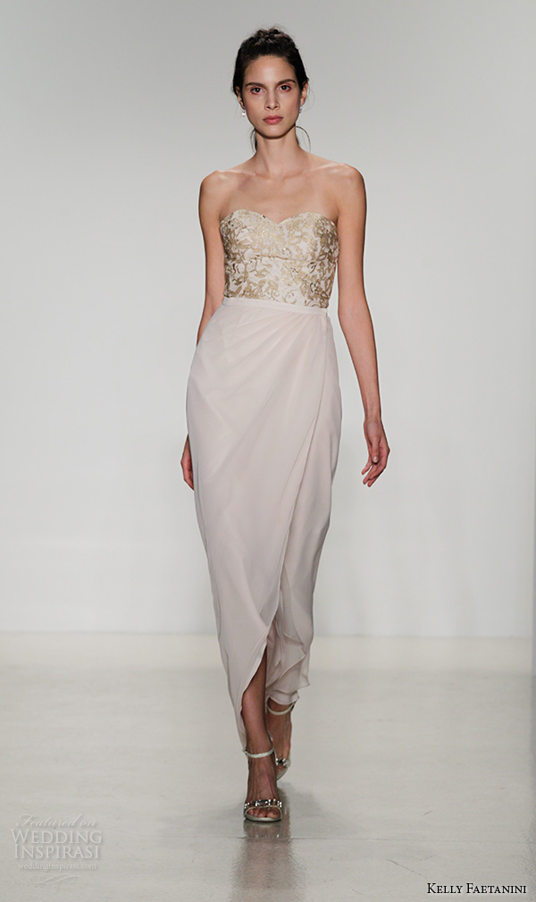 kelly faetanini fall 2016 bridal new york runway strapless sweetheart neckline gold color lace embroidered bodice detachable petal wrap dress style bs 105 bs 109