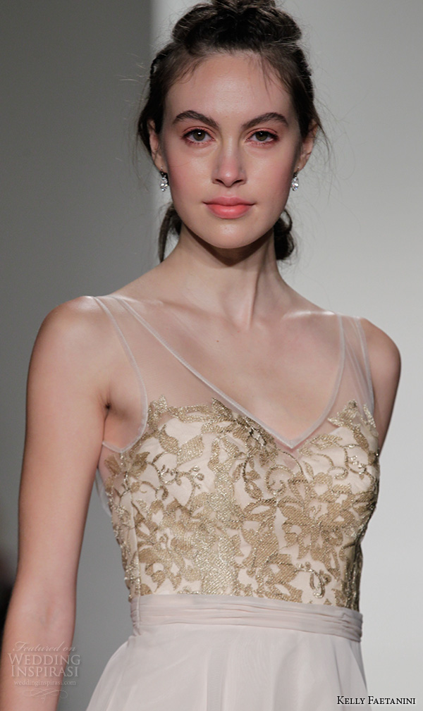 kelly faetanini fall 2016 bridal new york runway v neckline gold embroidered bodice chiffon a line flowy skirt wedding dress 