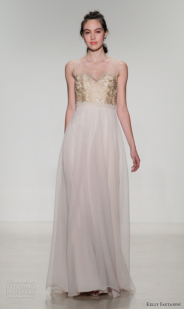 kelly faetanini fall 2016 bridal new york runway v neckline gold embroidered bodice chiffon a line flowy skirt wedding dress