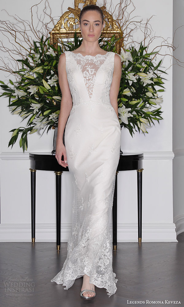 legends romona keveza fall 2016 wedding dress point d alencon lace sleeveless sheath gown deep v illusion neckline l6138