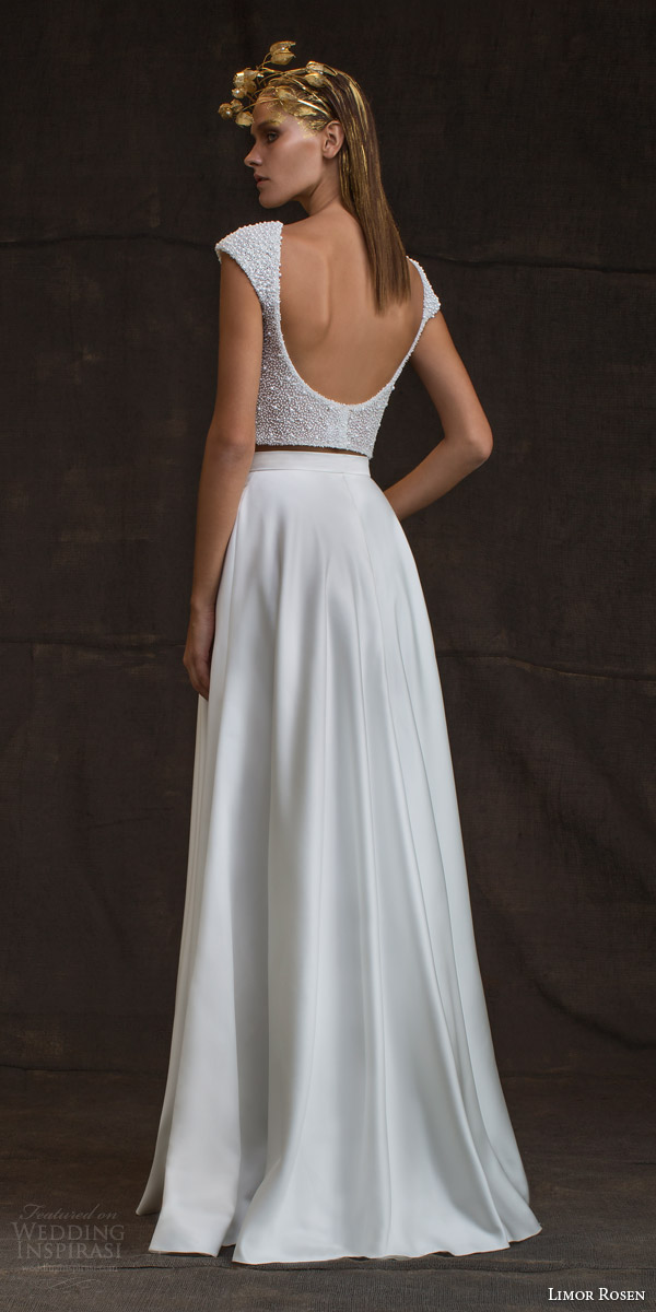 limor rosen bridal 2016 treasure bianca two piece wedding dress pearl cap sleeve top skirt pockets low back view