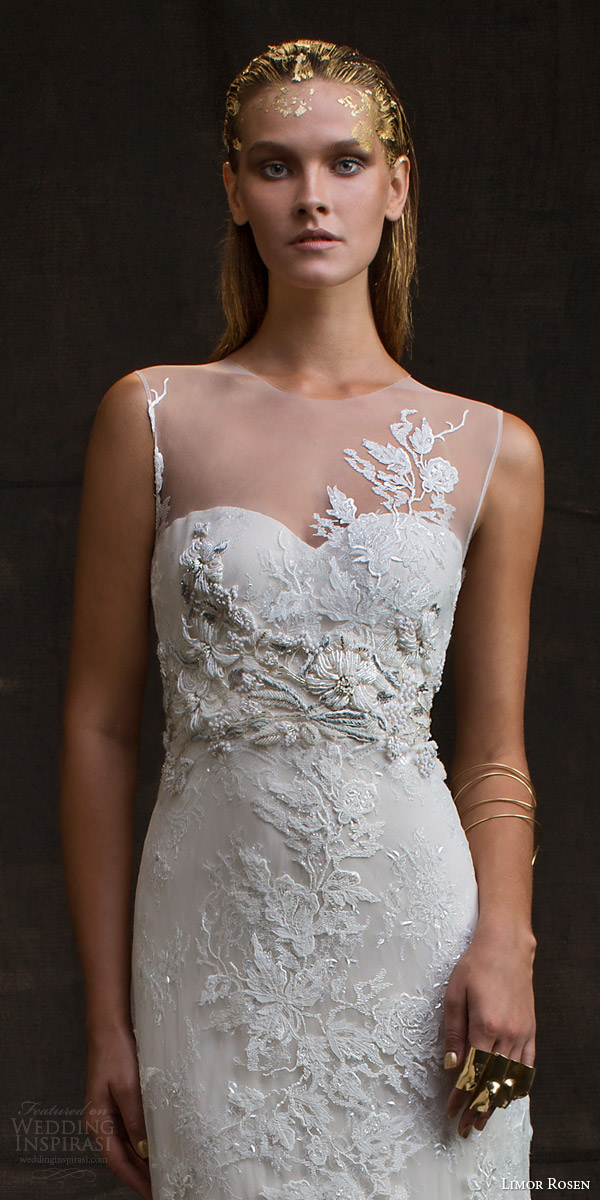 limor rosen bridal 2016 treasure charlotte sleeveless wedding dress illusion neckline beaded applique close up bodice