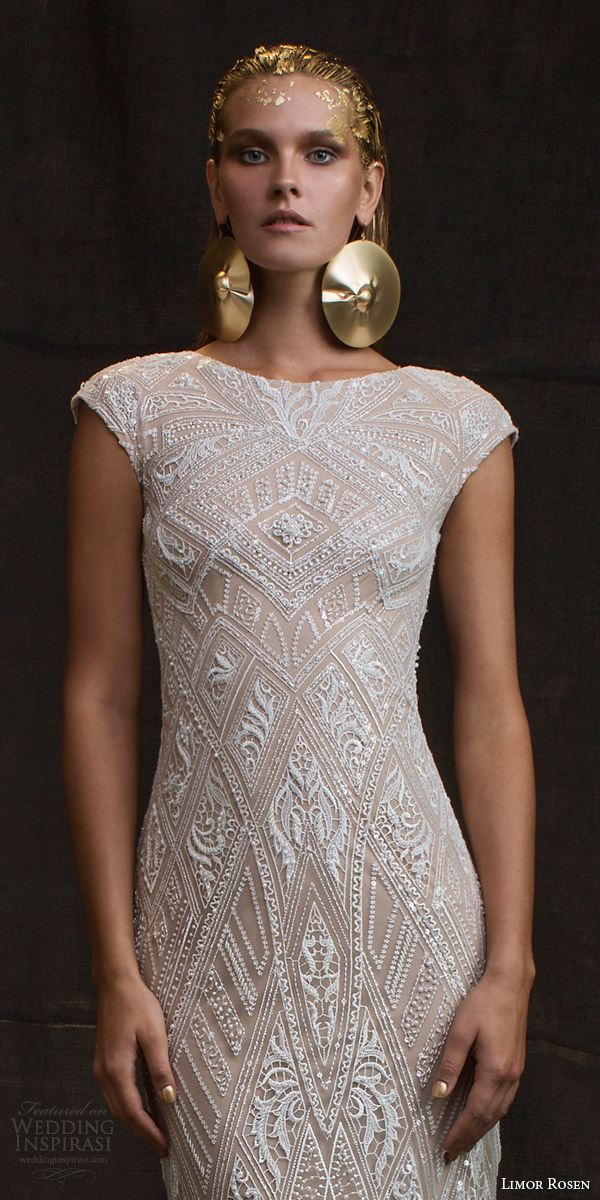 limor rosen bridal 2016 treasure daria cap sleeve sheath wedding dress beaded bodice close up